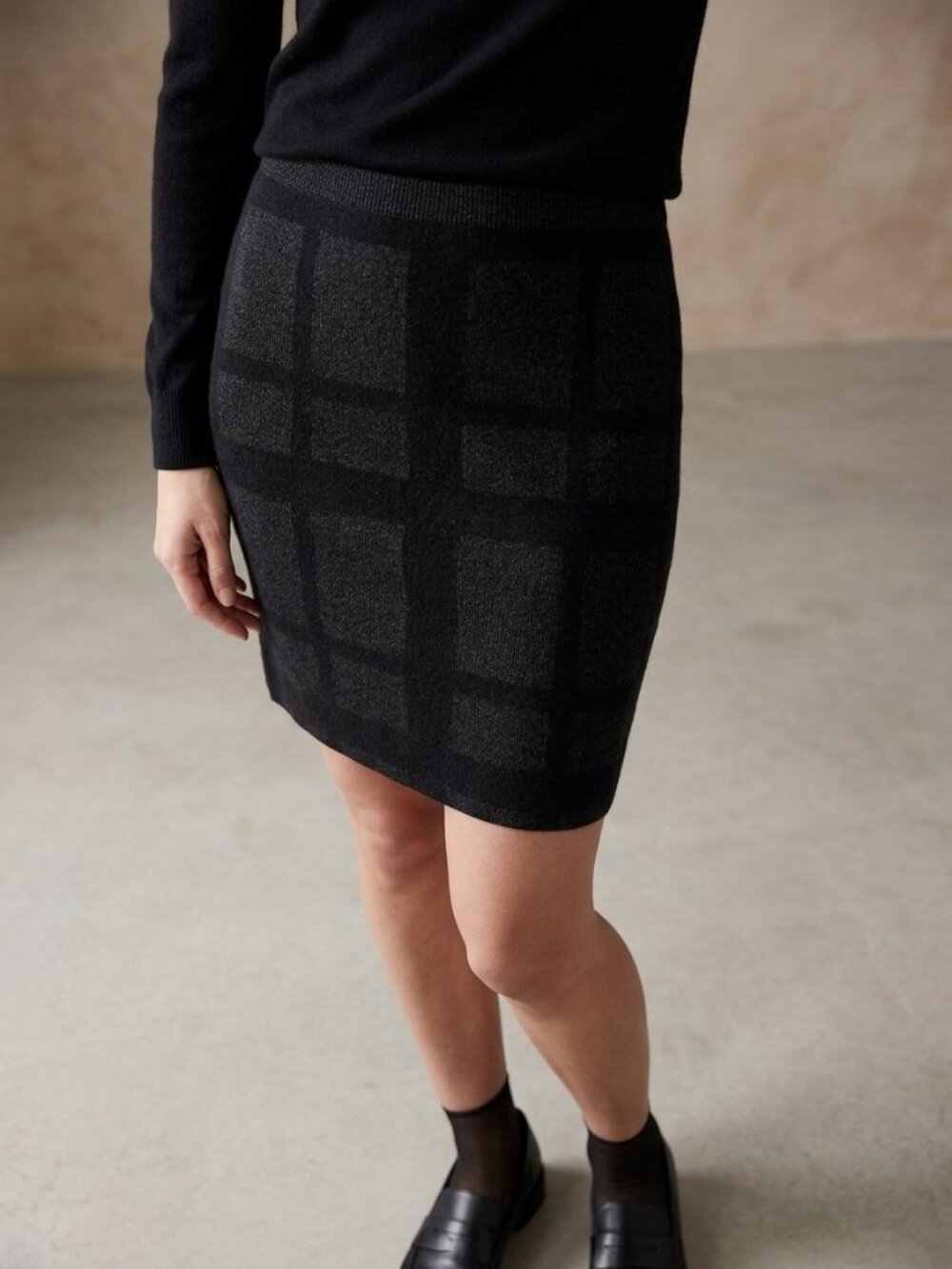 Eileen Fisher Petite Merino Wool Windowpane Grid Knit Pencil Mini Skirt Size PL